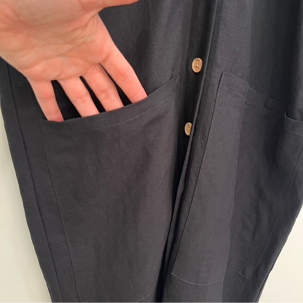 Emerson Fry Desert Midi Dress Black Short Sleeve Full Button Front Linen Blend - Picture 9 of 14